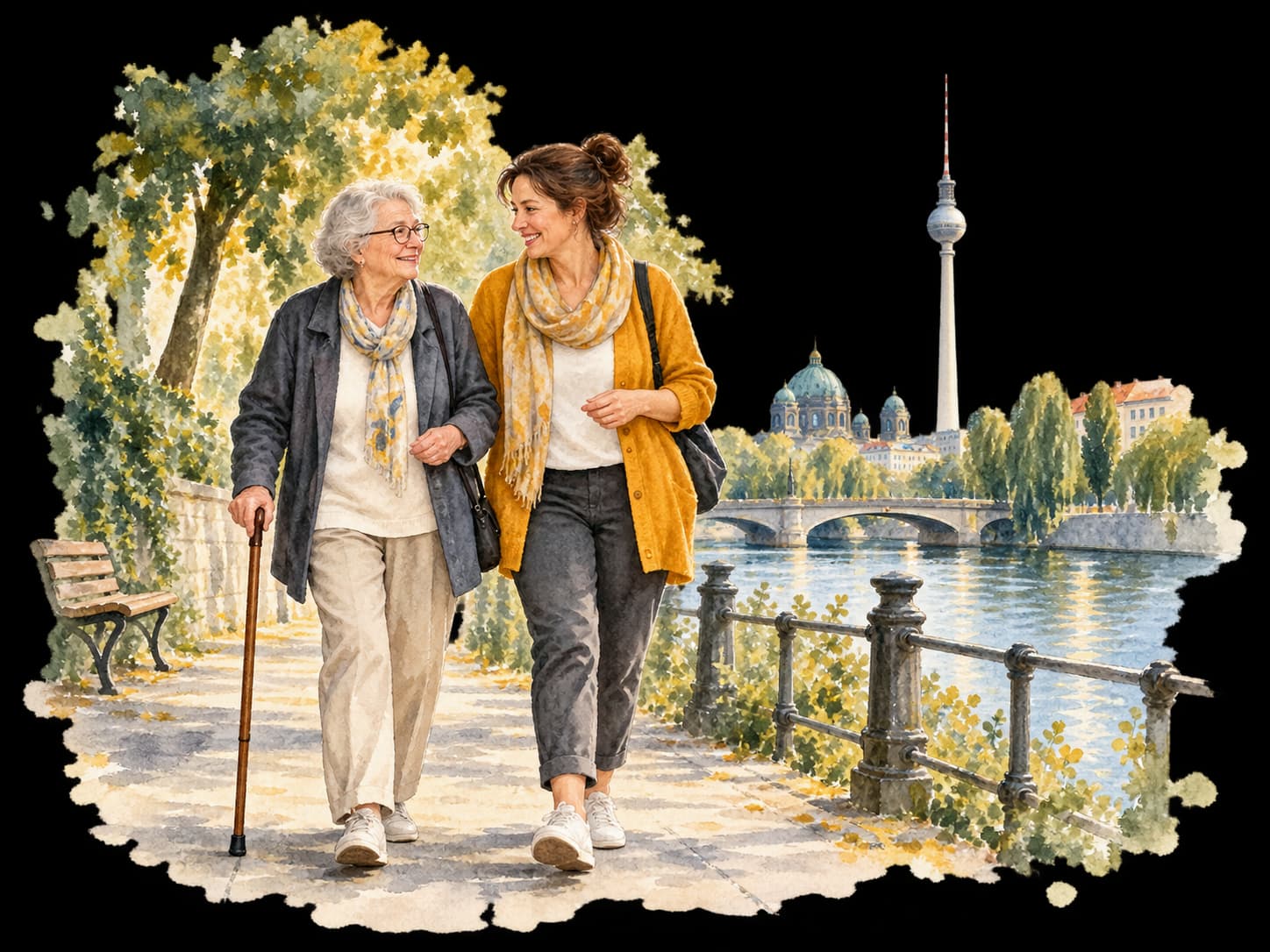 Aquarellillustration: Eine Seniorin und ihre Alltagshilfe gehen an der Spree spazieren, im Hintergrund der Berliner Fernsehturm.