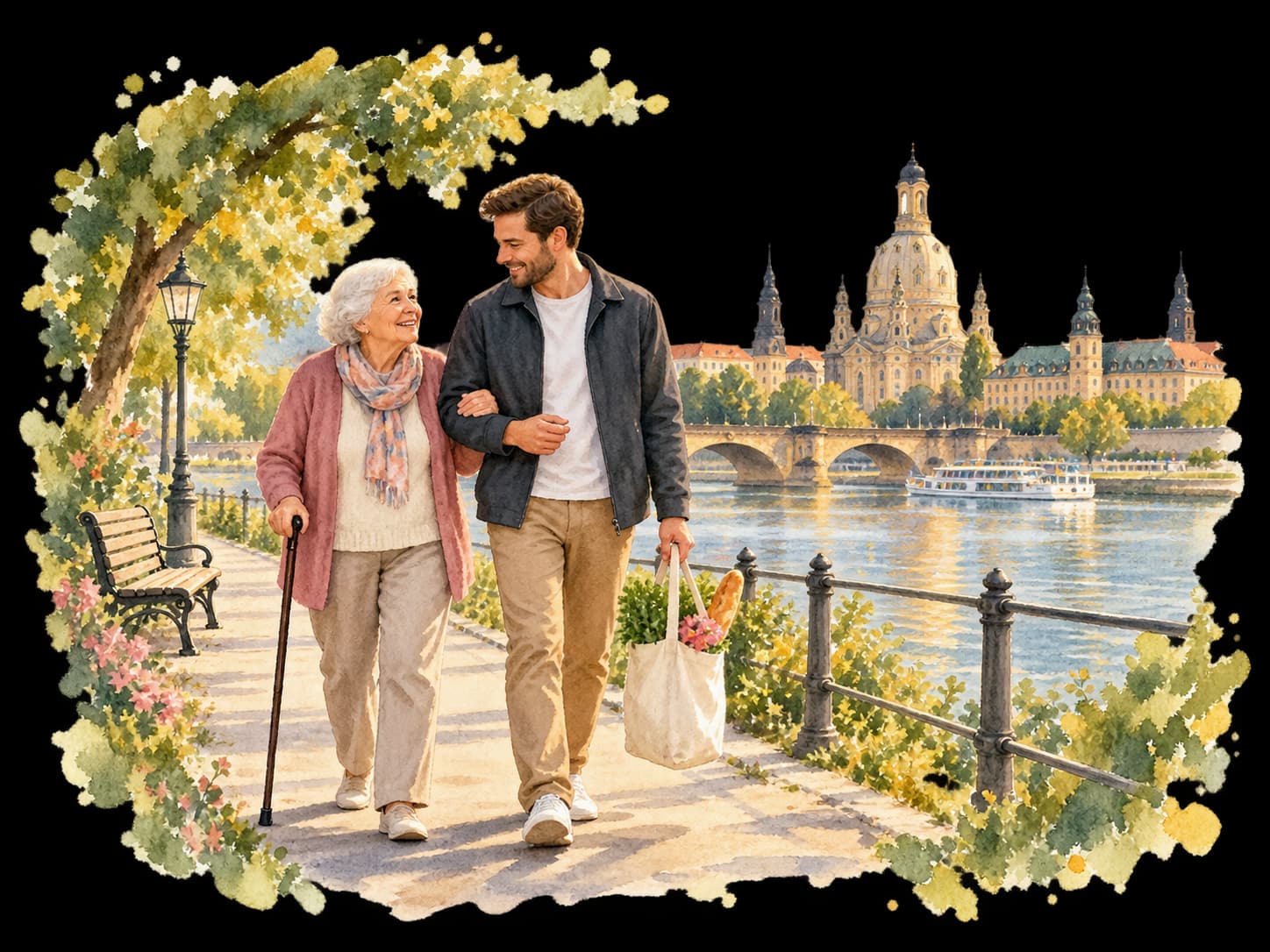 Aquarellillustration: Eine Seniorin und ihr Begleiter am Elbufer mit der Dresdner Frauenkirche im Hintergrund.
