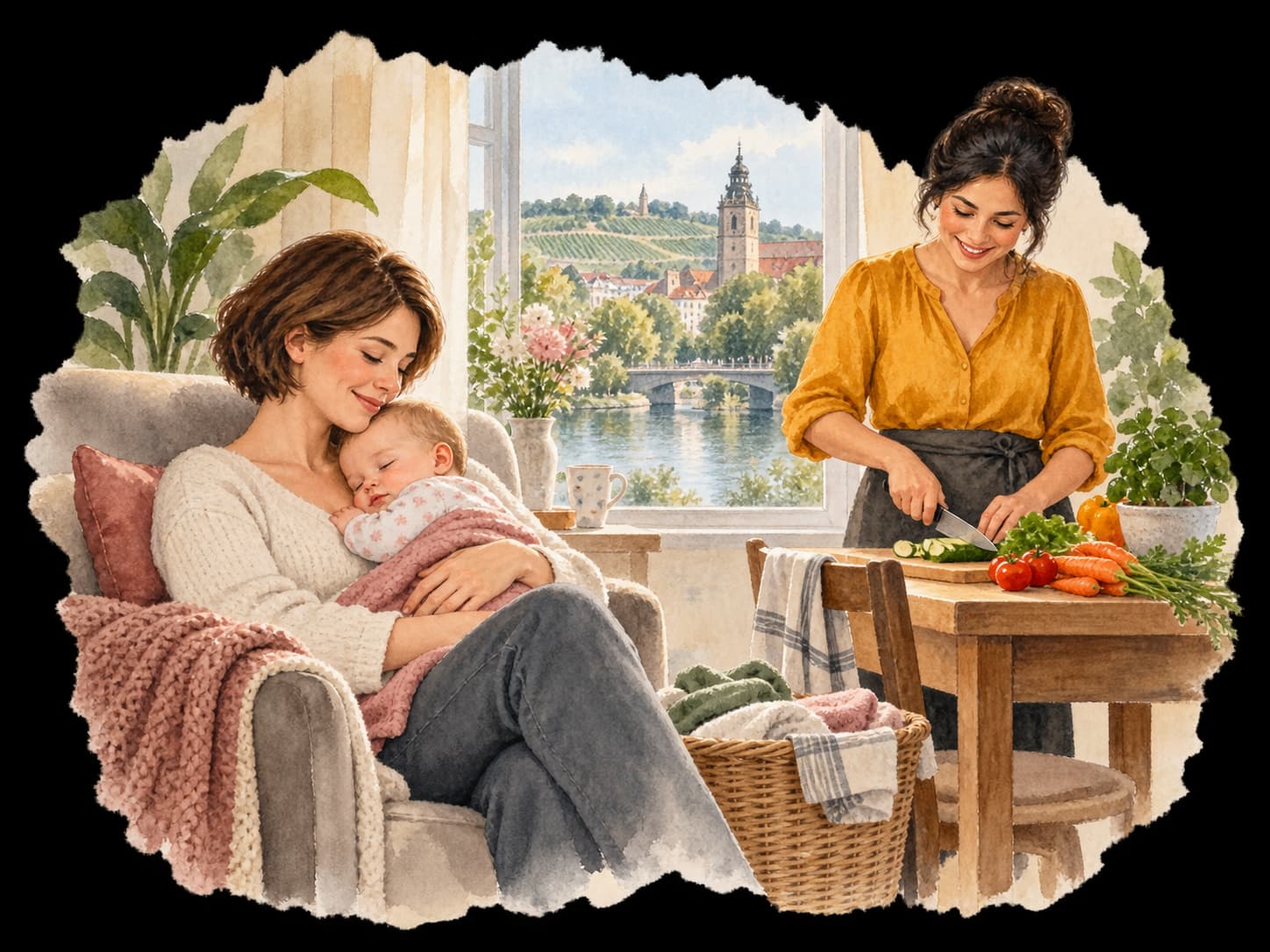 Aquarellillustration: Eine Haushaltshilfe bereitet Gemüse zu, während eine Mutter ihr Baby hält; durch das Fenster sind Neckar, Weinberge und die Heilbronner Kilianskirche zu sehen.