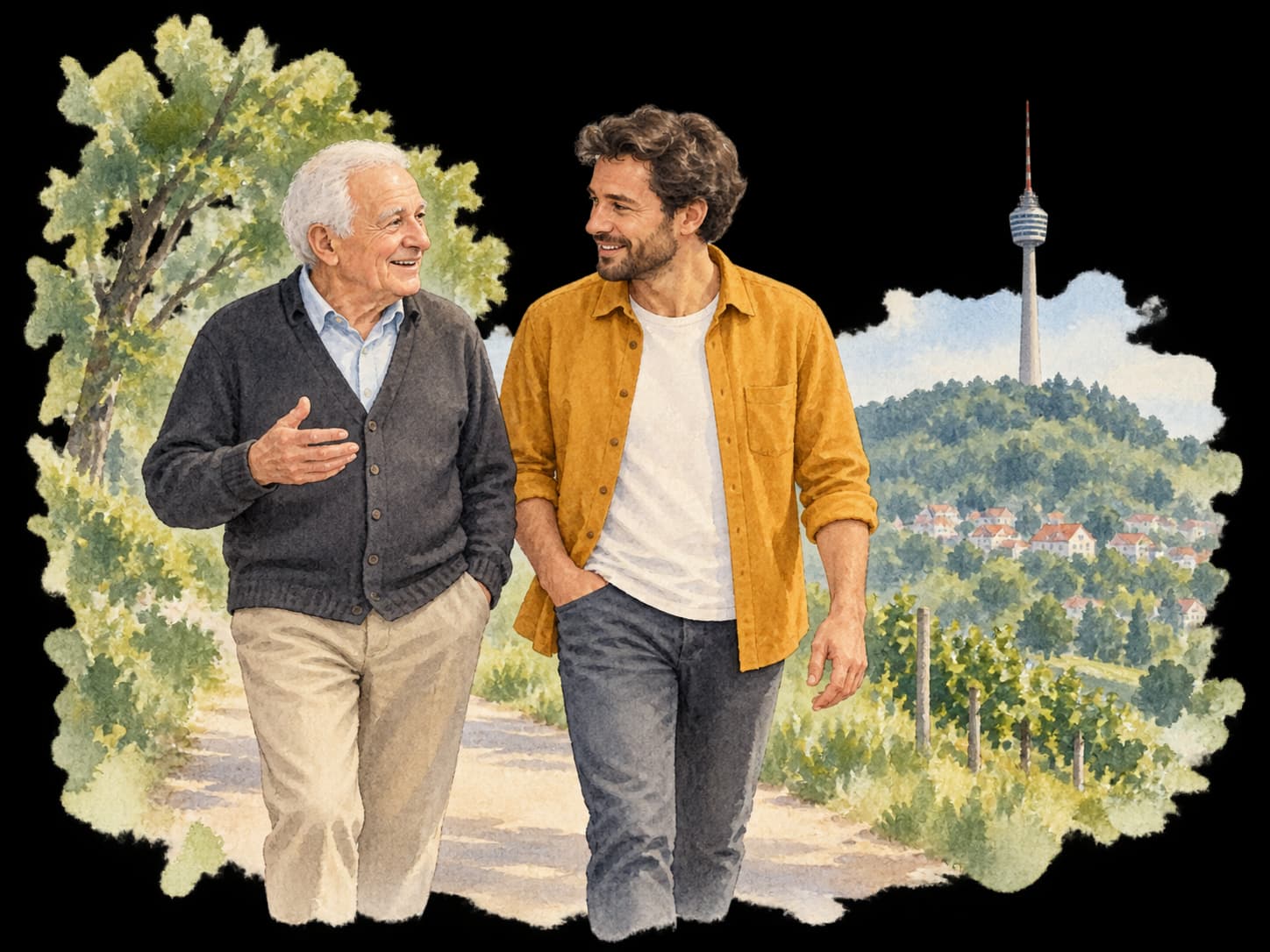 Aquarellillustration: Ein älterer Mann geht mit seinem Alltagshelfer spazieren; im Hintergrund liegen Stuttgarter Dächer, ein bewaldeter Hang und der Fernsehturm.