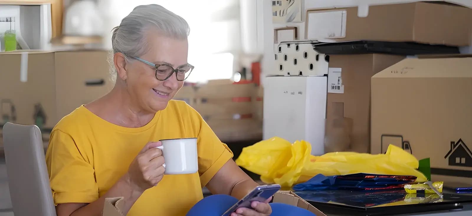 Ältere Frau mit Kaffeetasse und Smartphone sitzt zwischen gestapelten Kartons und Tüten