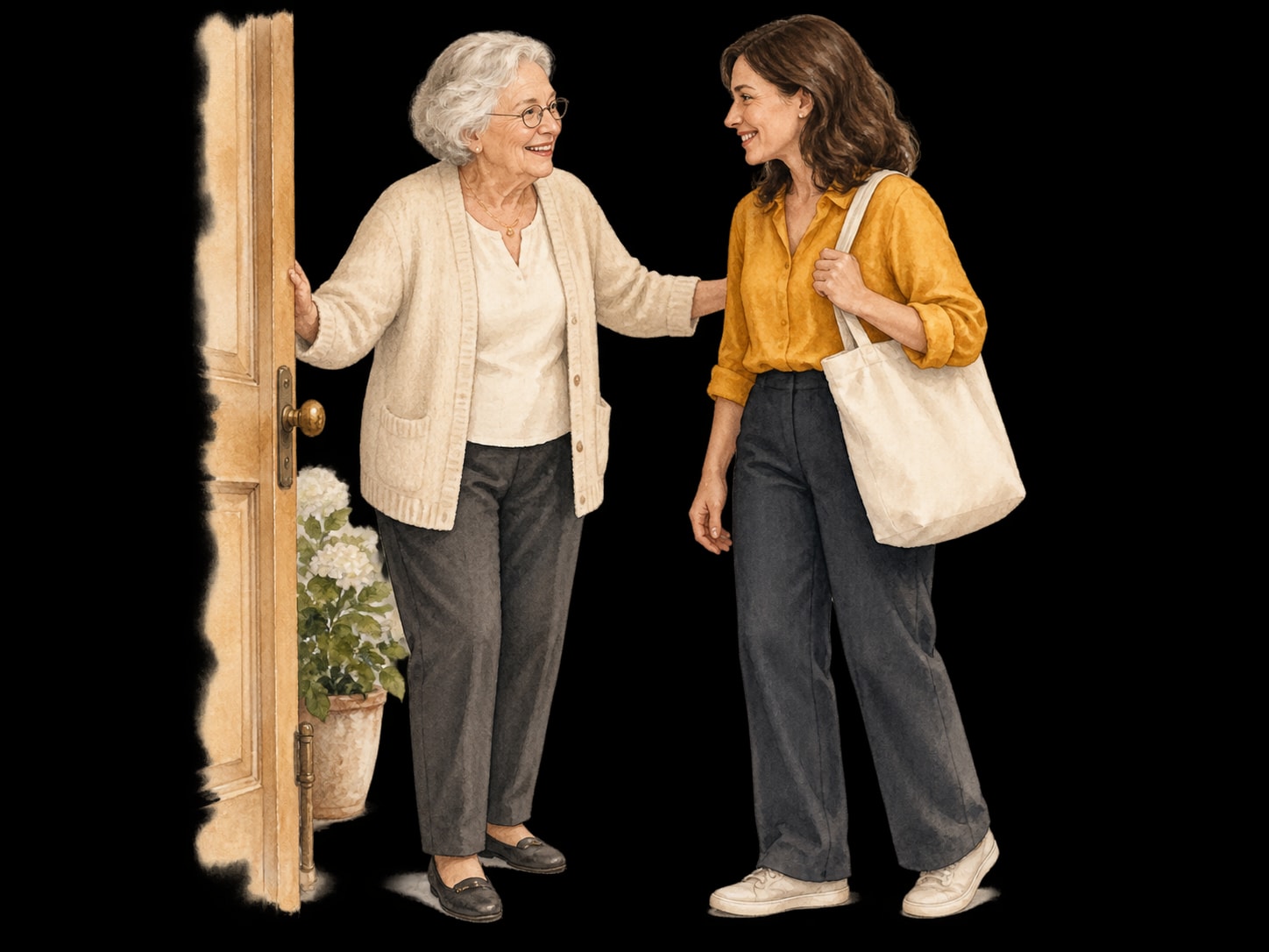 Watercolor: Die Seniorin begrüßt ihre Alltagshilfe zu Hause