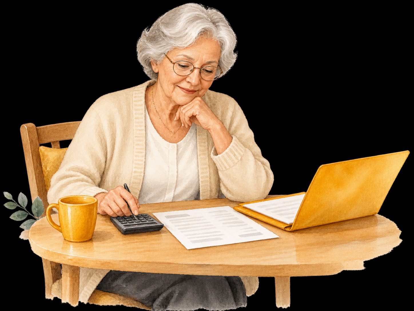 Watercolor: Die Seniorin prüft ihre Unterlagen und das verfügbare Budget