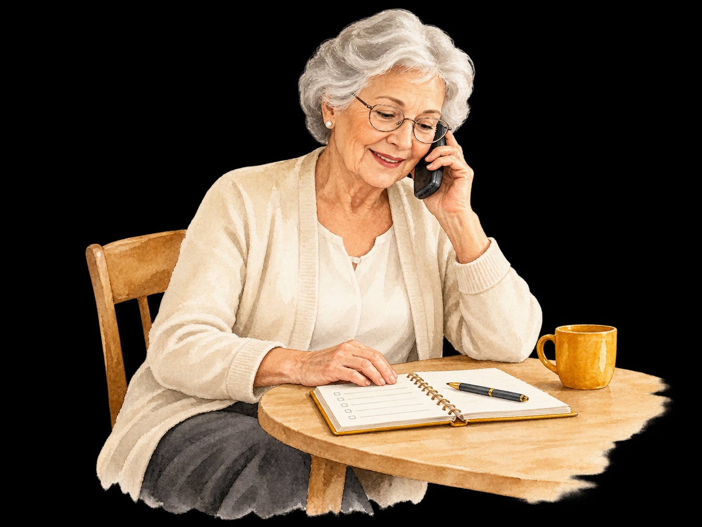Watercolor: Eine Seniorin bespricht ihren Unterstützungsbedarf am Telefon