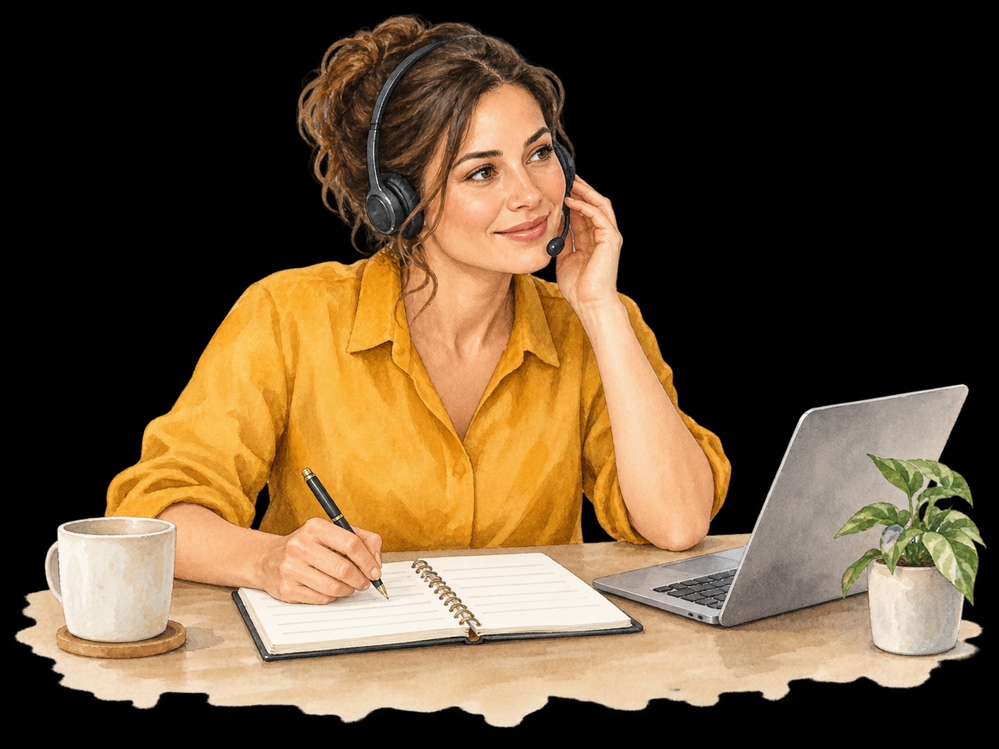 Watercolor-Illustration: Eine Ansprechpartnerin hört am Telefon zu und notiert den Unterstützungsbedarf.