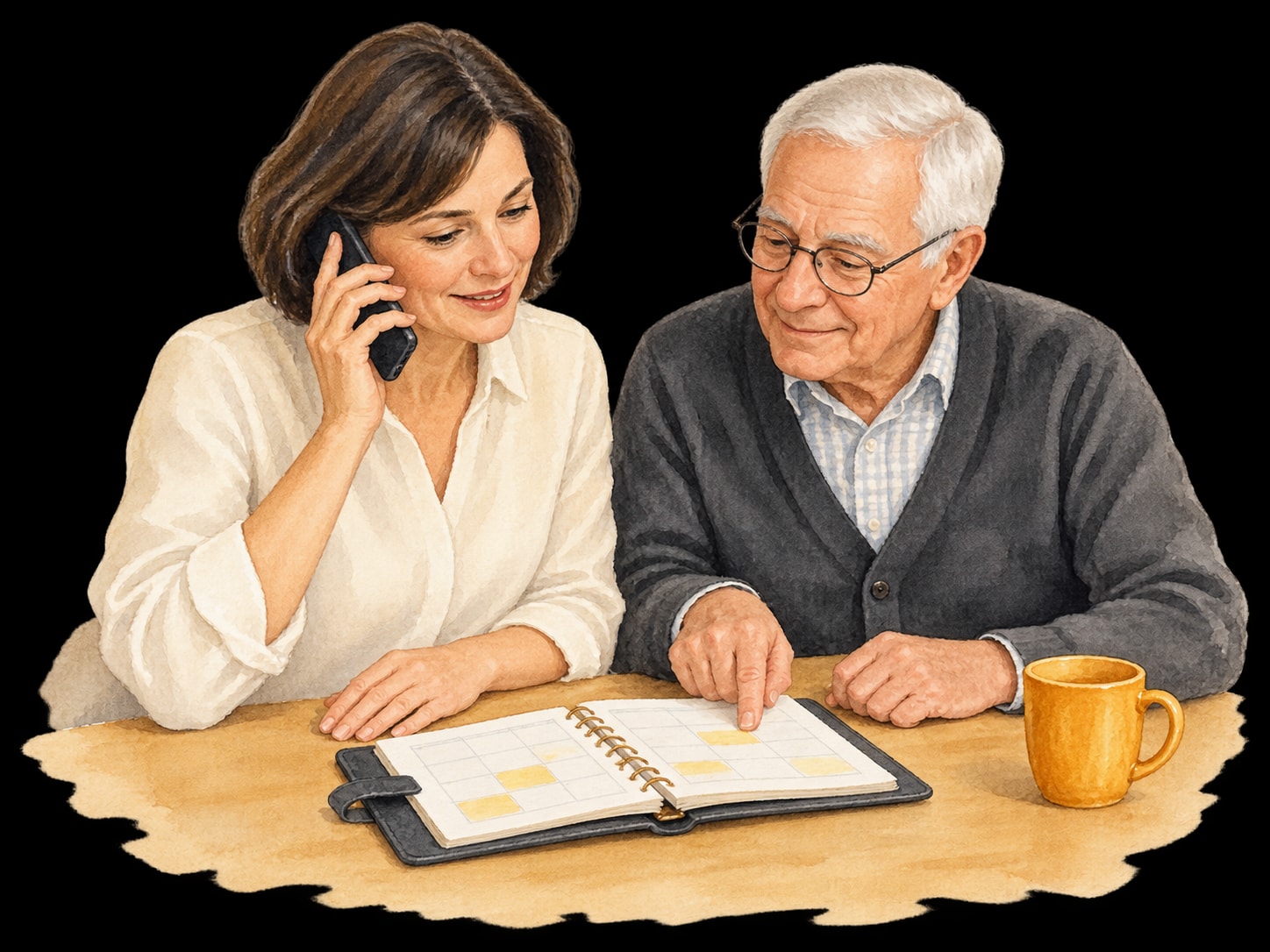 Watercolor: Tochter und Vater planen gemeinsam Unterstützung am Telefon