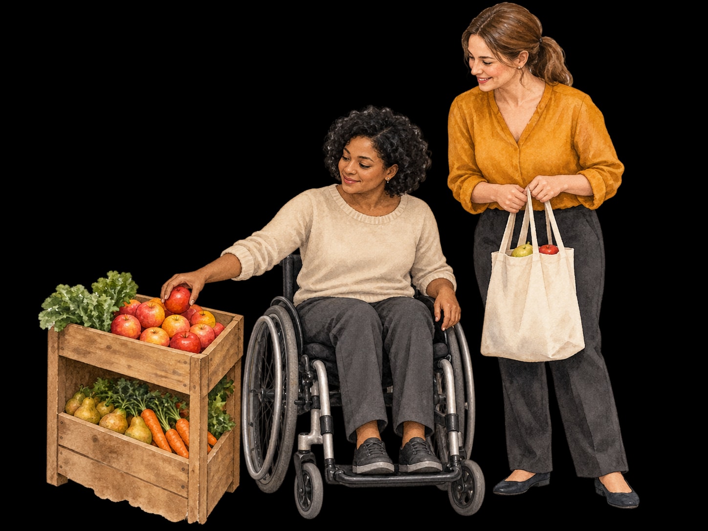 Aquarellillustration: Eine Frau im Rollstuhl wählt Obst aus, ihre Alltagshilfe trägt den Einkauf
