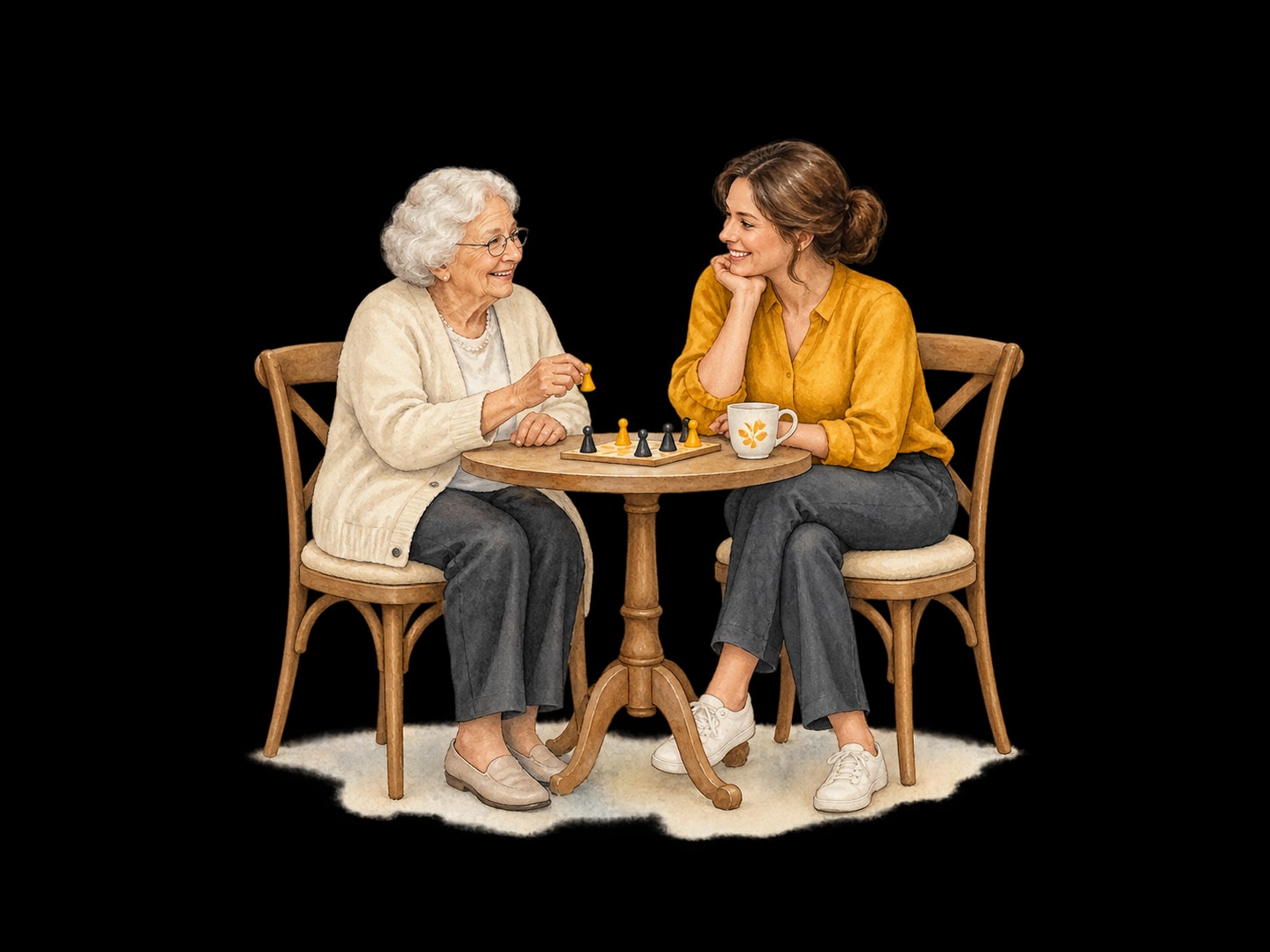 Aquarellillustration: Eine ältere Frau und ihre Betreuungsperson spielen gemeinsam ein Brettspiel