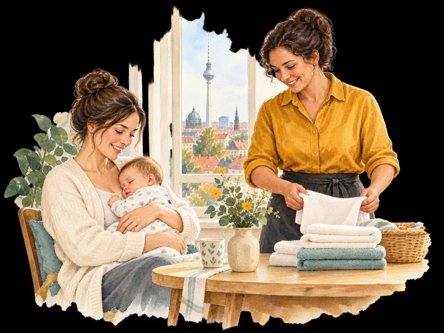 Aquarellillustration: Eine Haushaltshilfe legt Wäsche zusammen, während eine Mutter ihr Baby hält; durch das Fenster sind Berliner Dächer und der Fernsehturm zu sehen.