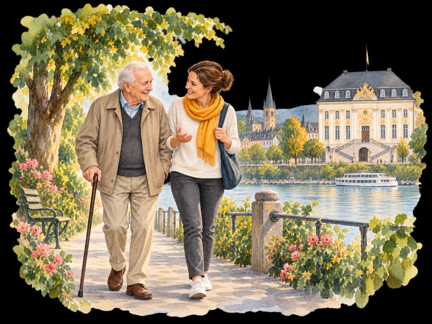 Aquarellillustration: Ein Senior und seine Begleiterin auf einem grünen Uferweg mit Bonner Altem Rathaus als Stadtmotiv.
