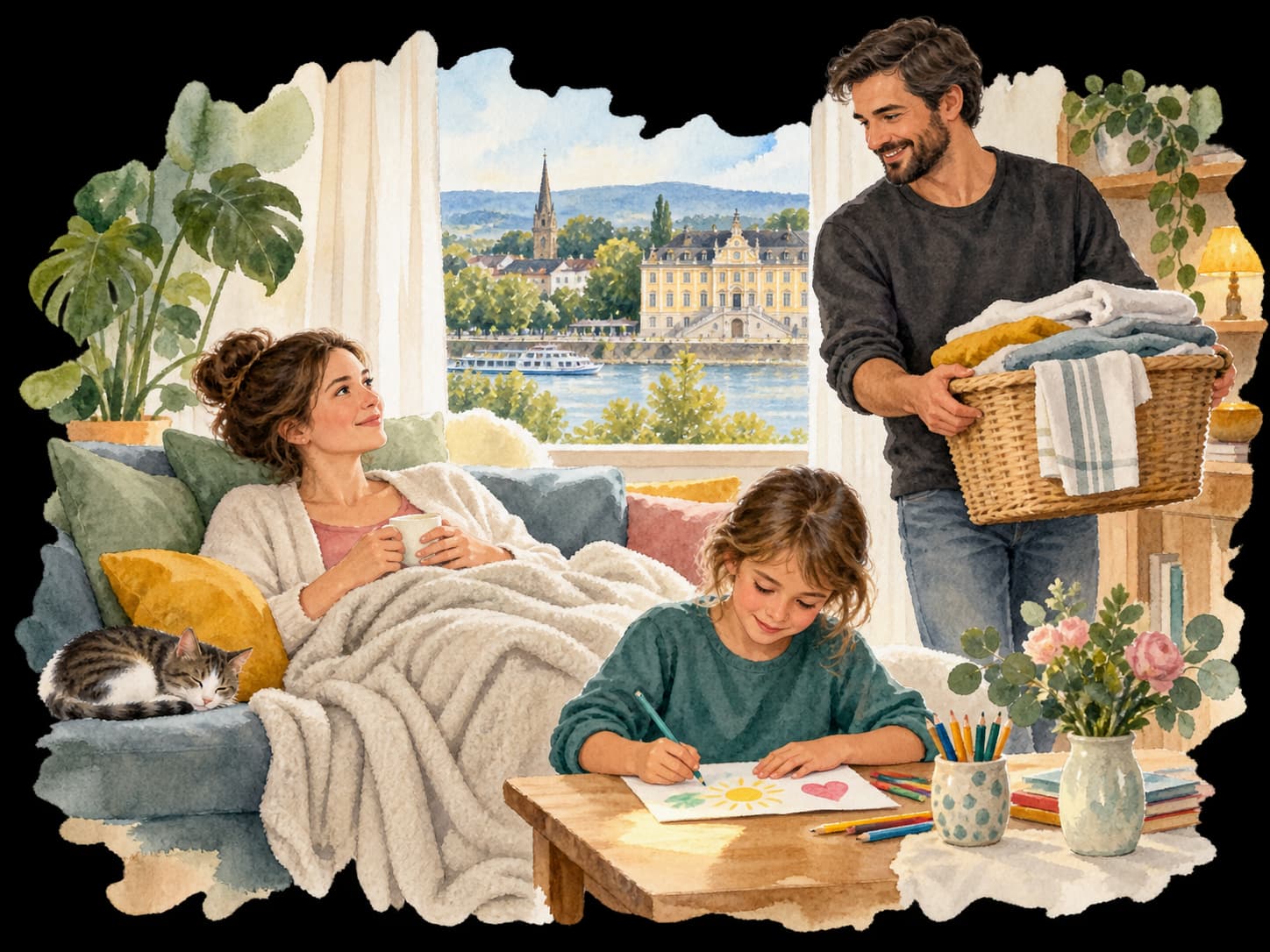 Aquarellillustration: Eine Mutter ruht, während ein Helfer Wäsche trägt und ein Kind malt; im Hintergrund sind Rhein und Bonner Rathaus angedeutet.