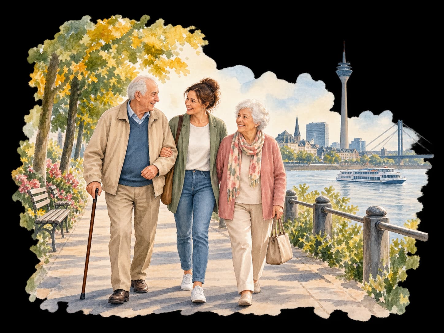 Aquarellillustration: Ein älteres Paar mit Begleiterin am Rhein; dahinter Rheinturm und Düsseldorfer Skyline.
