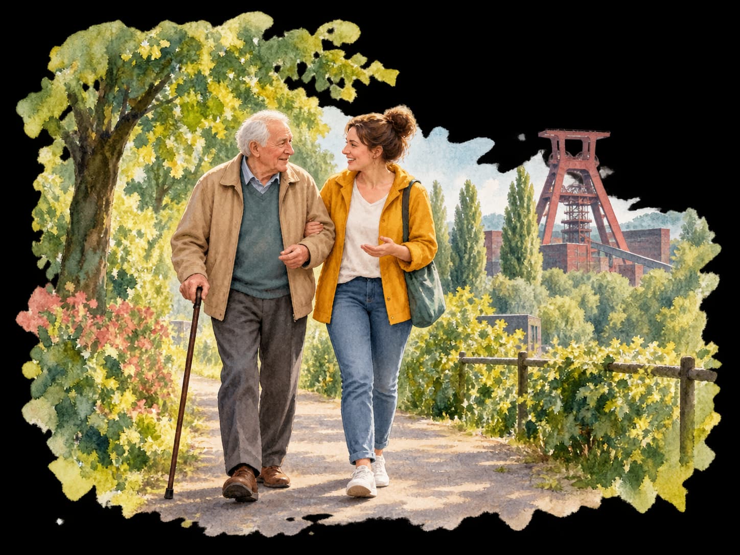 Aquarellillustration: Ein älterer Mann und seine Begleiterin auf einem grünen Weg mit dem Doppelbock der Zeche Zollverein im Hintergrund.