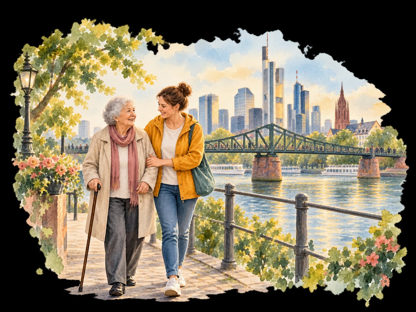 Aquarellillustration: Eine Seniorin mit Gehstock und ihre Begleiterin am Main mit Eisernem Steg und Frankfurter Skyline.