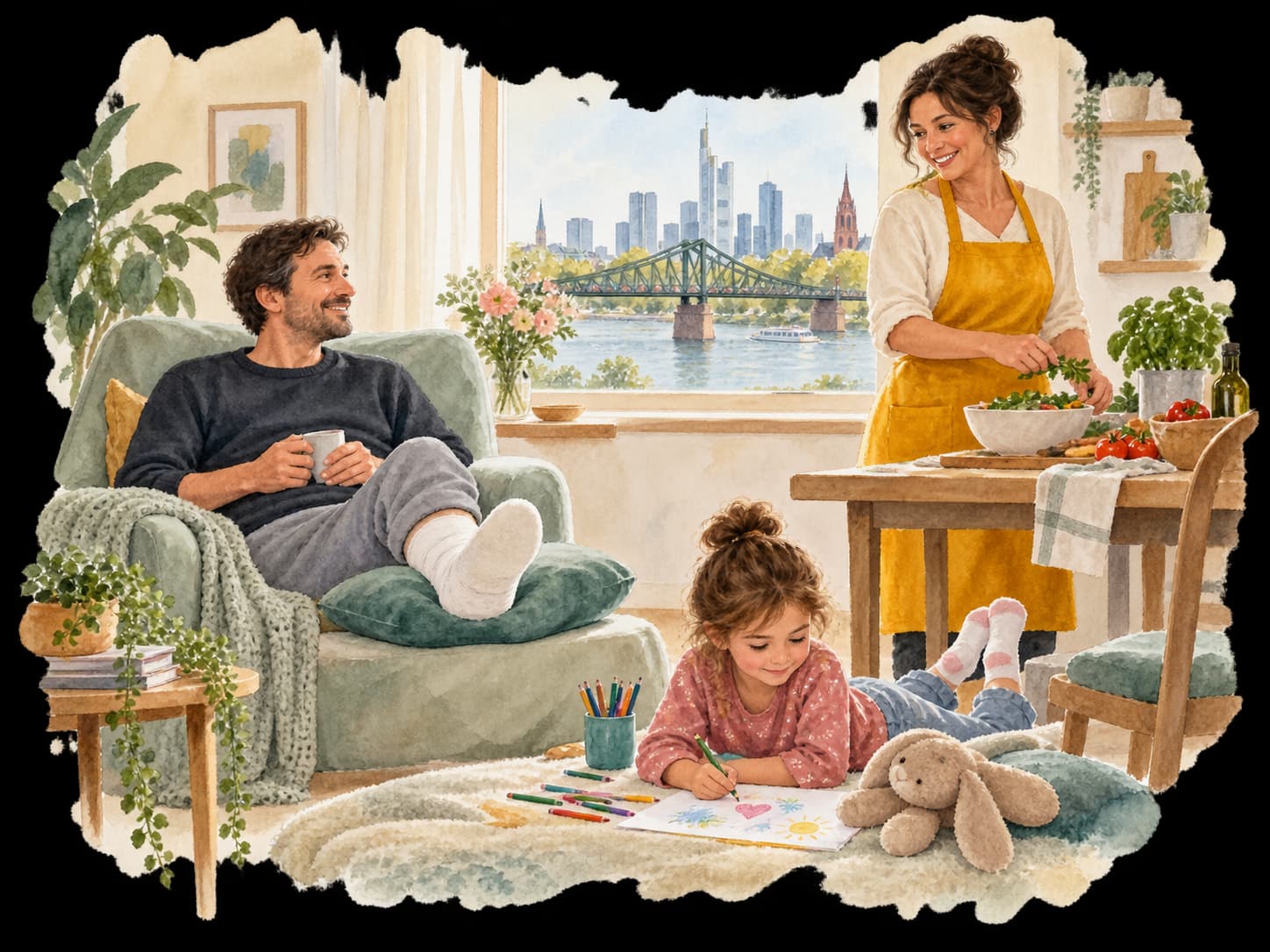 Aquarellillustration: Ein Vater ruht mit hochgelegtem Fuß, eine Helferin bereitet Essen zu und ein Kind malt; im Fenster die Frankfurter Skyline.