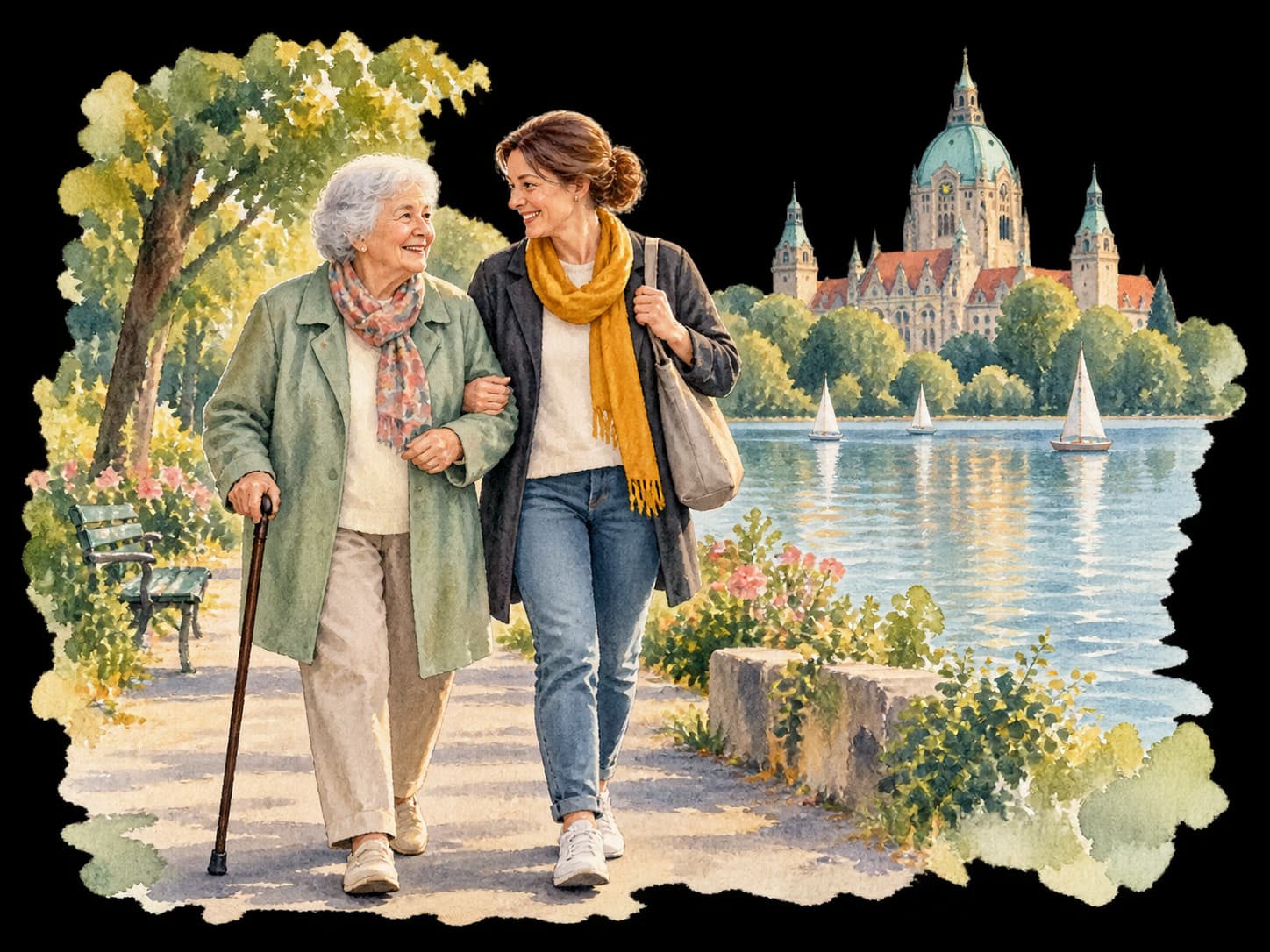 Aquarellillustration: Eine Seniorin mit Gehstock und ihre Begleiterin am Wasser, im Hintergrund das Neue Rathaus von Hannover.