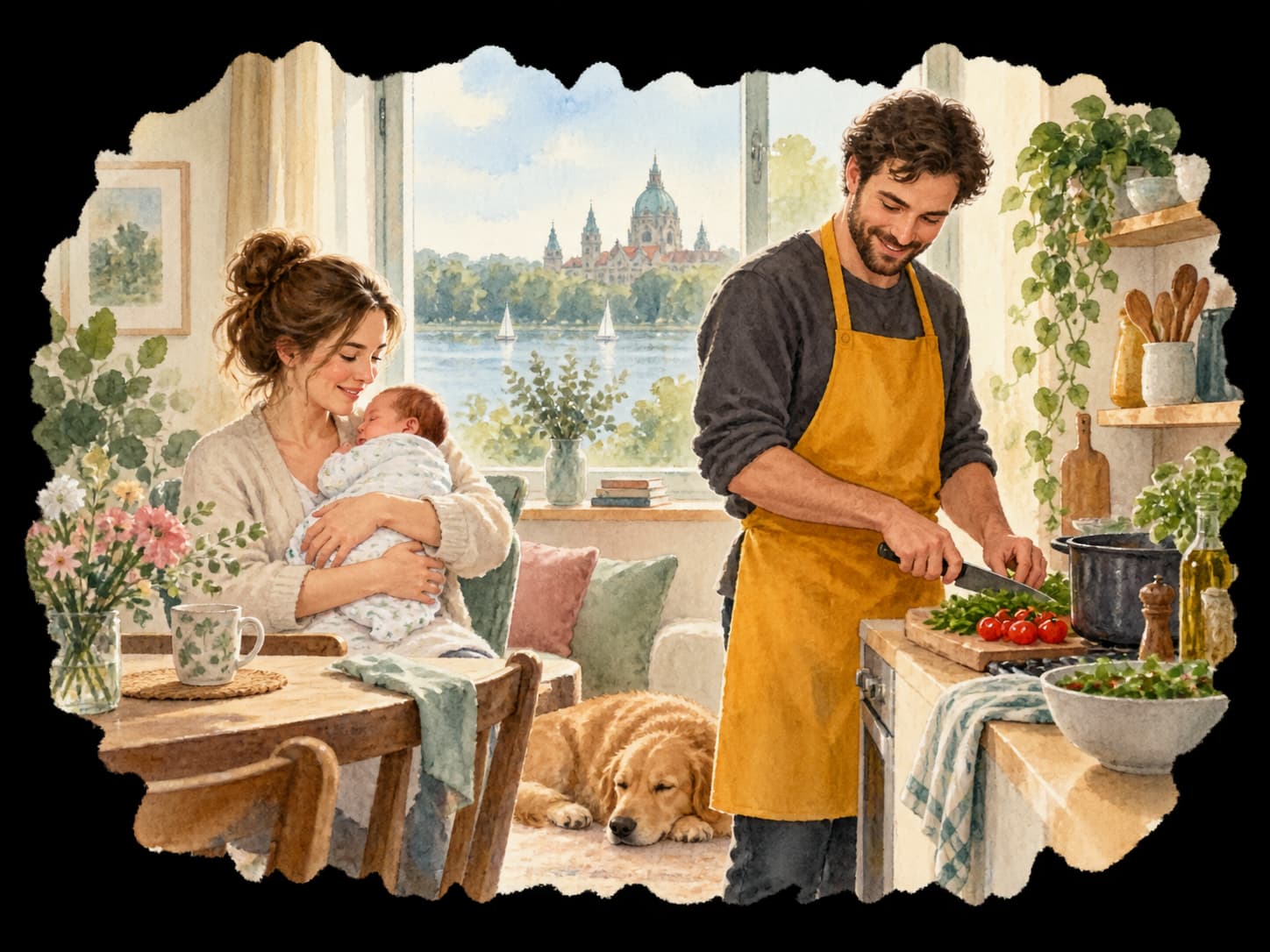 Aquarellillustration: Eine Mutter mit Neugeborenem und ein Helfer beim Kochen; das Neue Rathaus ist durch das Fenster angedeutet.
