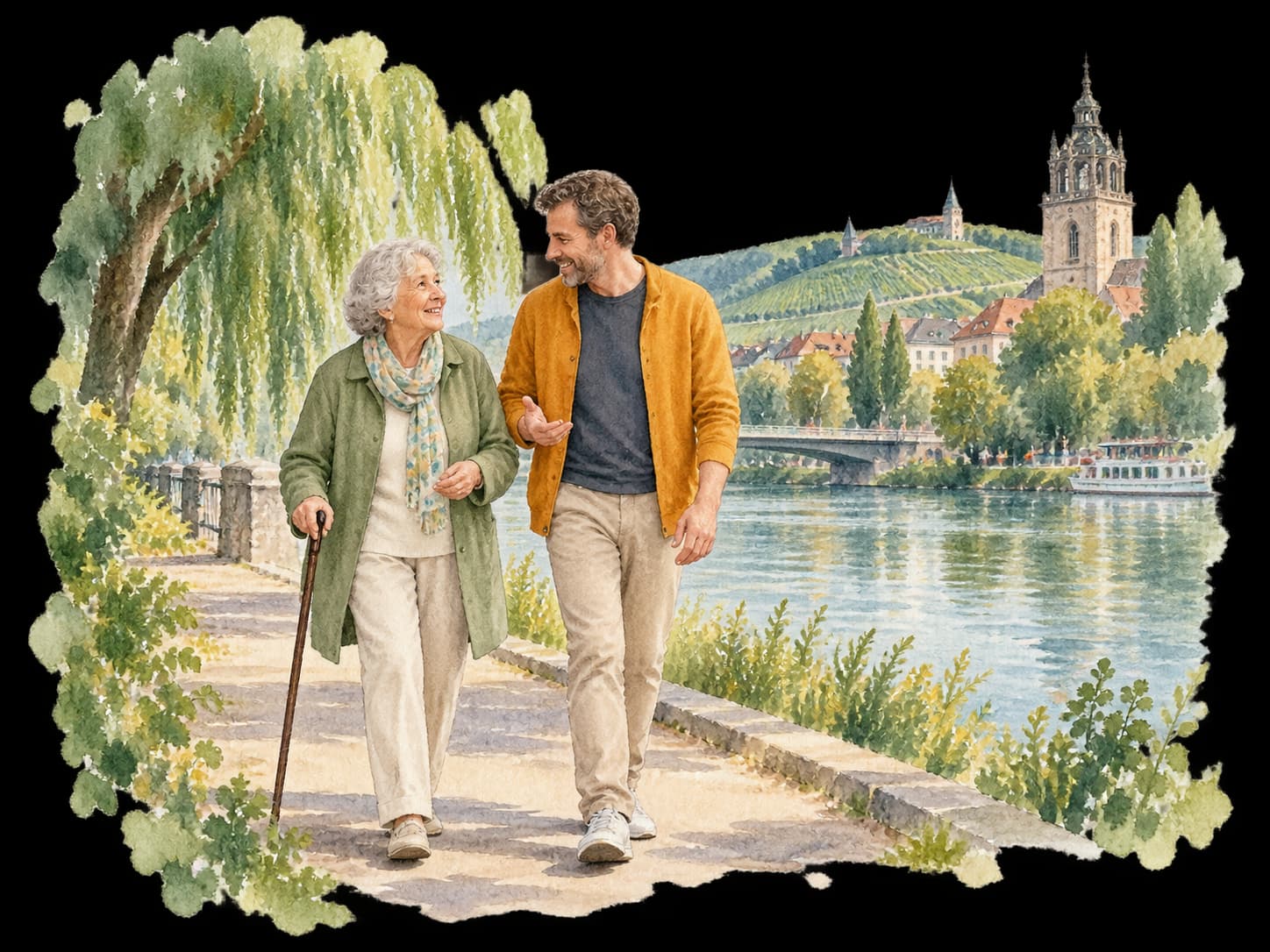 Aquarellillustration: Eine Seniorin mit Gehstock und ihr Alltagsbegleiter am Neckar, dahinter Heilbronner Weinberge und der Turm der Kilianskirche.