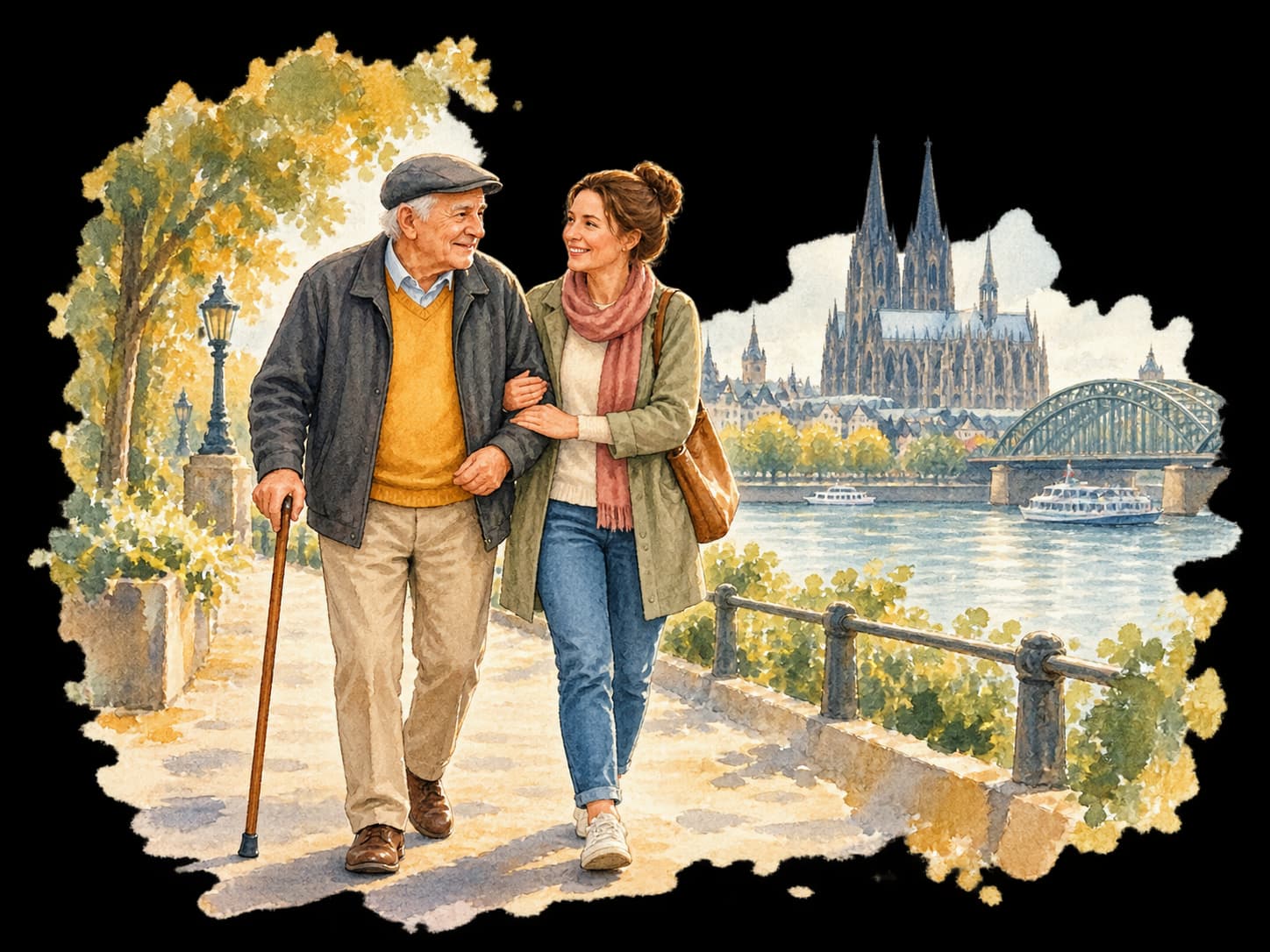 Aquarellillustration: Ein älterer Mann und seine Begleiterin am Rhein, im Hintergrund der Kölner Dom.