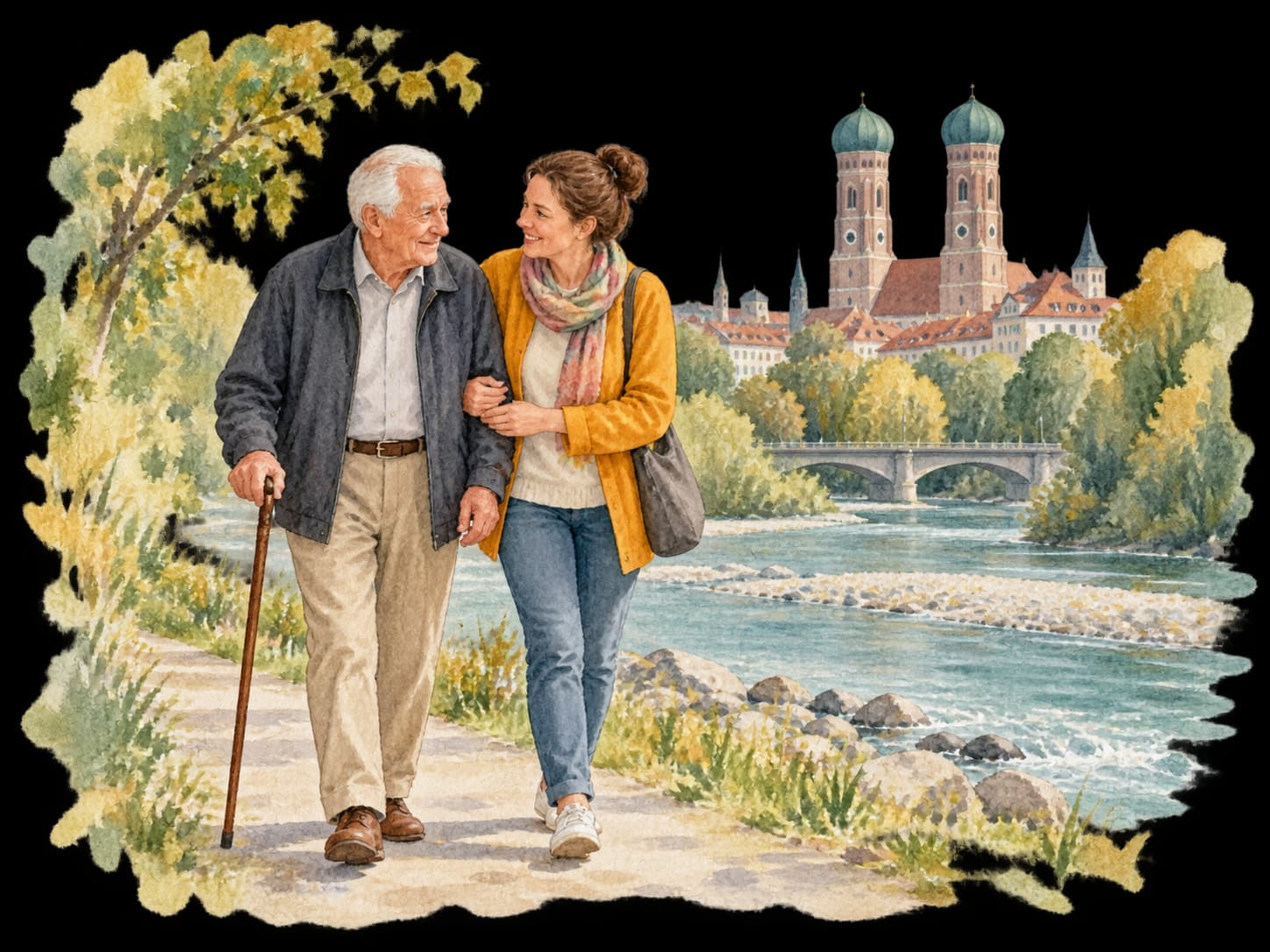 Aquarellillustration: Ein älterer Mann und seine Begleiterin an der Isar; im Hintergrund die Türme der Frauenkirche.