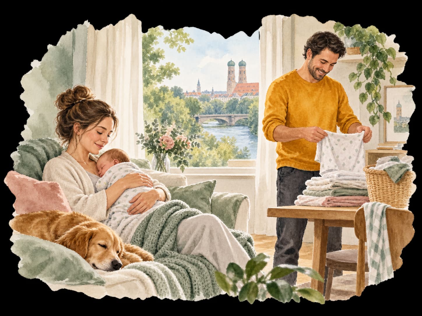 Aquarellillustration: Eine Mutter hält ihr Baby, während ein Helfer Wäsche faltet; die Frauenkirche ist durch das Fenster angedeutet.