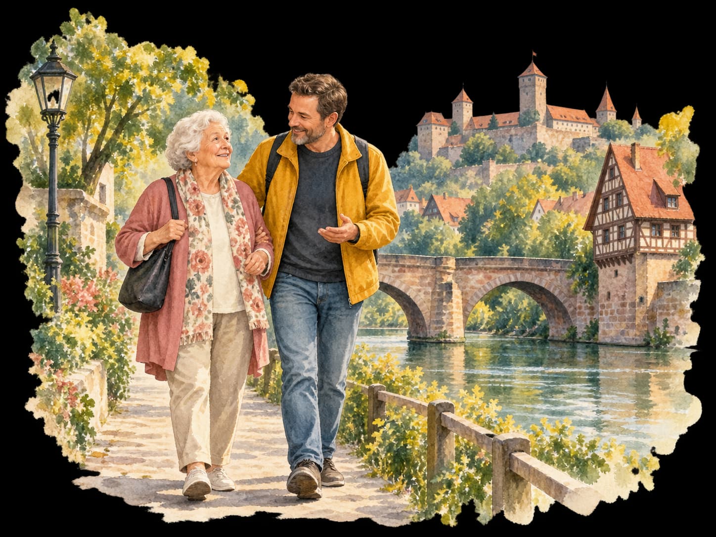 Aquarellillustration: Eine Seniorin und ihr Begleiter an der Pegnitz mit Brücke und Nürnberger Burg im Hintergrund.