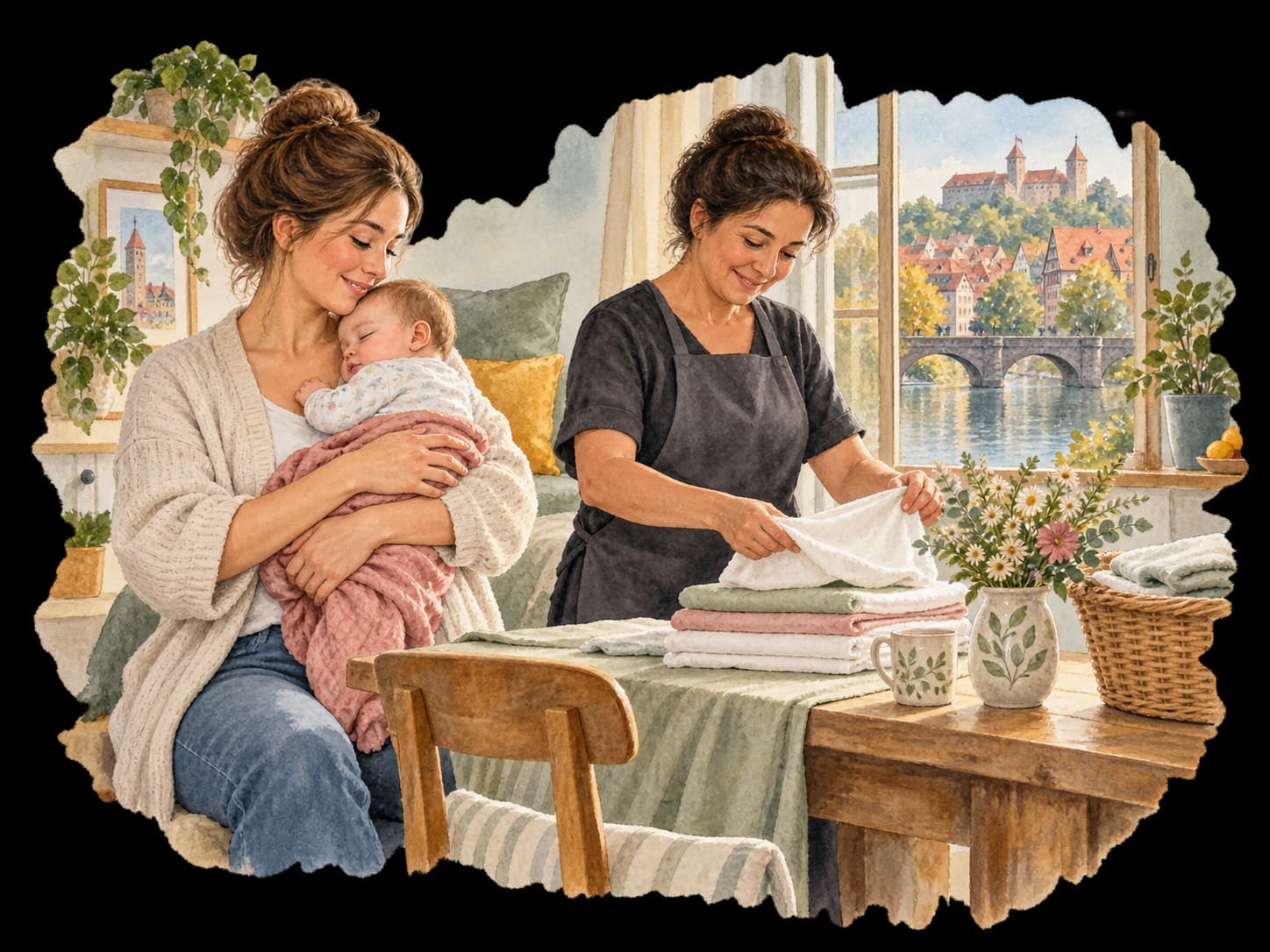 Aquarellillustration: Eine Mutter hält ihr Baby, während eine Helferin Wäsche faltet; draußen sind Pegnitz und Burg angedeutet.